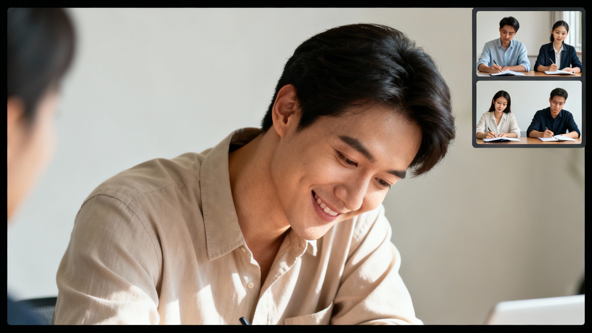 A smiling man participates in a video conference with four remote colleagues taking notes.
