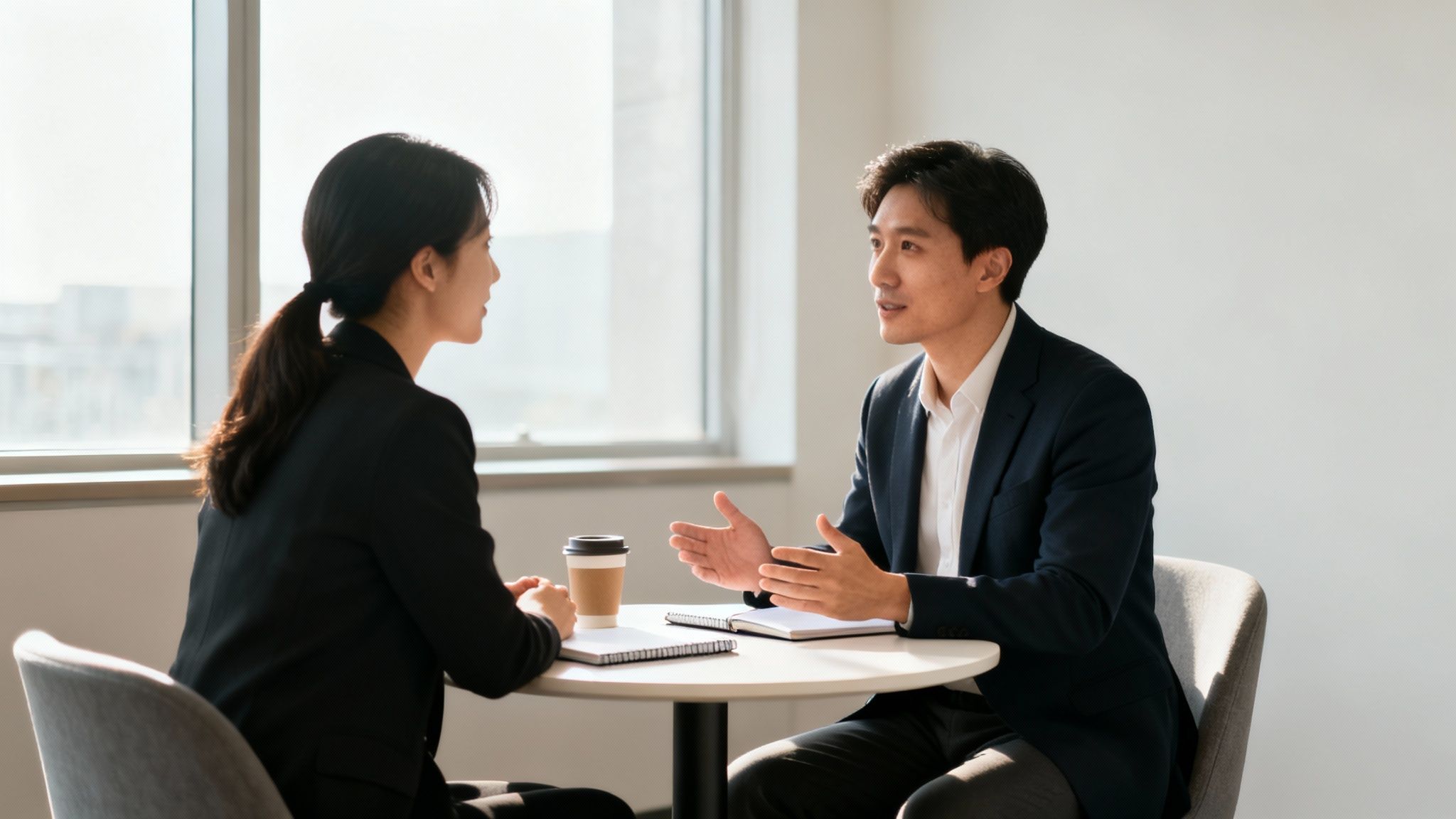 Two business professionals, an Asian man and woman, discuss at a table in a bright office.
