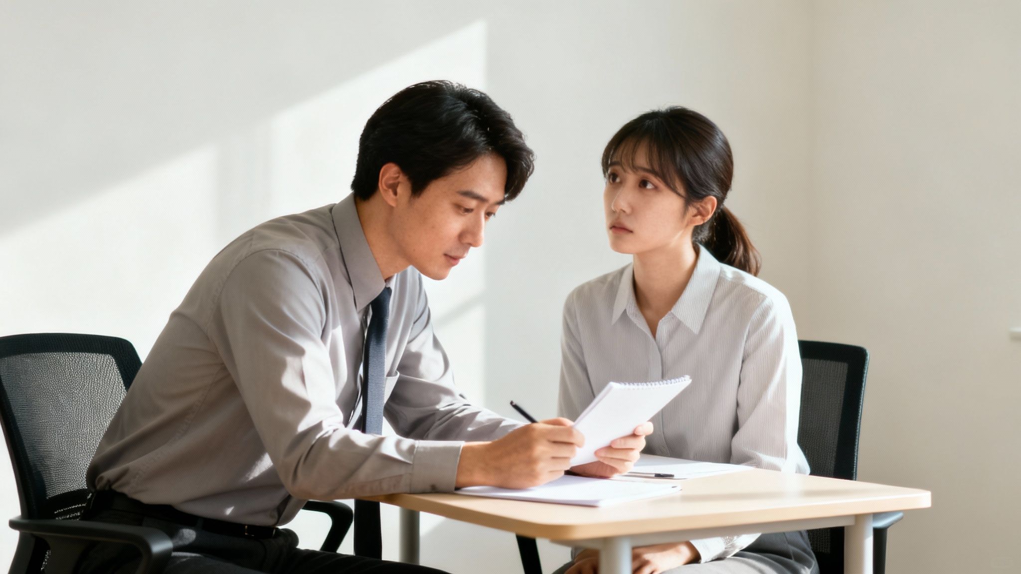 Two professionals discussing documents at a table in a brightly lit office setting.