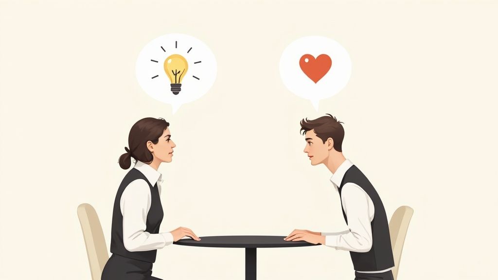 A manager and an employee having a serious one-on-one conversation in a modern office.