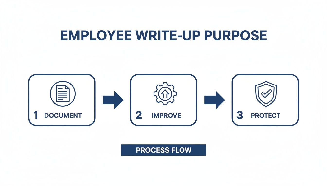 A flowchart illustrating the three purposes of an employee write-up: document, improve, and protect.