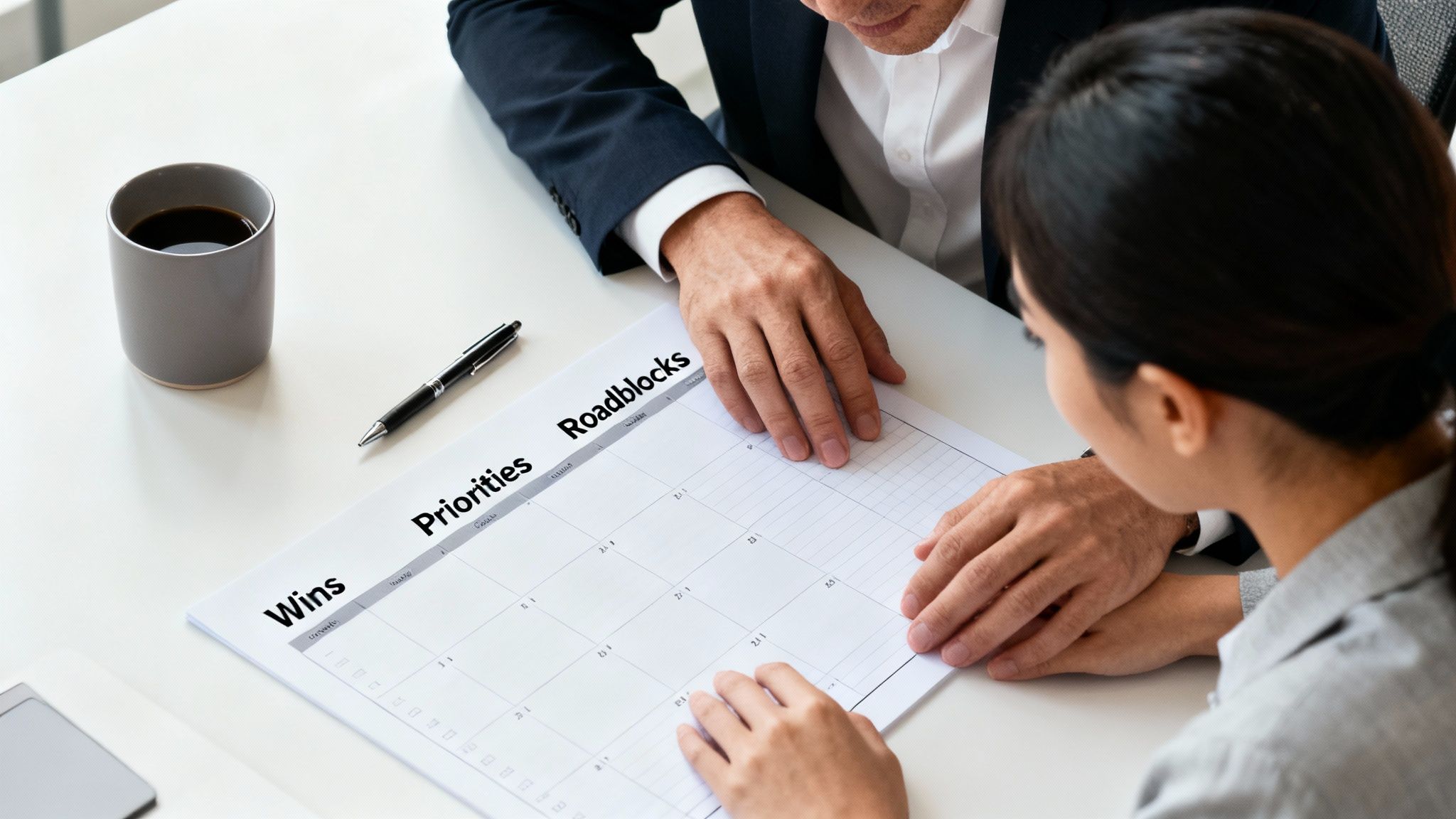 Two colleagues discussing a 'Priorities' and 'Roadblocks' agenda template during a one-on-one meeting.