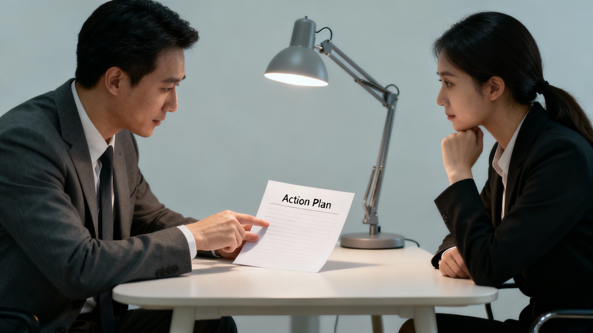 Two business professionals review an 'Action Plan' document at a desk with a lamp.
