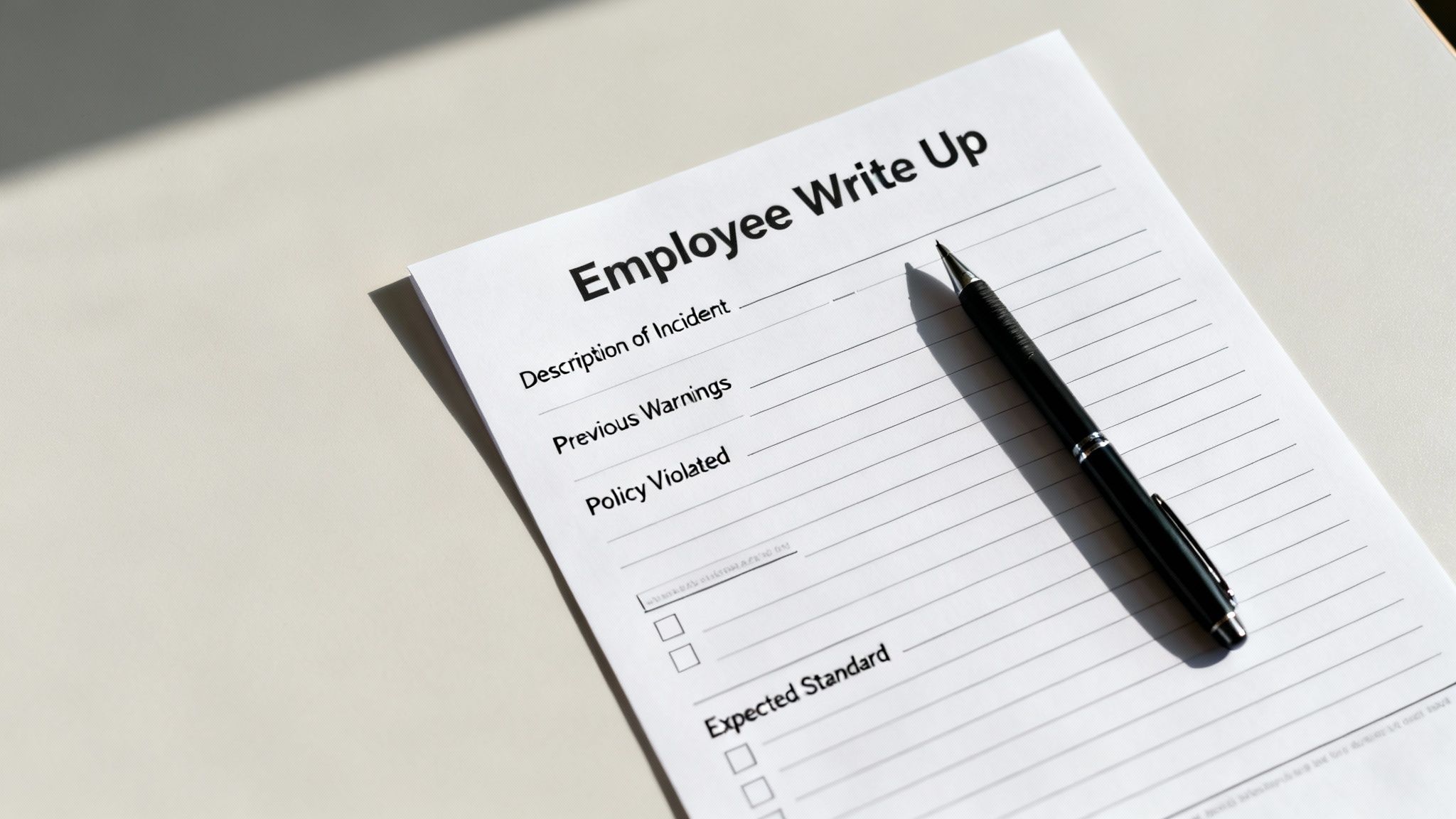 A close-up of an 'Employee Write Up' form with a black pen resting on it on a light desk.