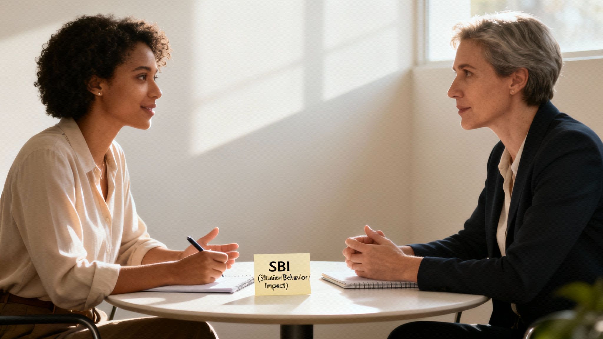 Two women discuss strategy at a table, with an 'SBI' note for situation, behavior, impact.