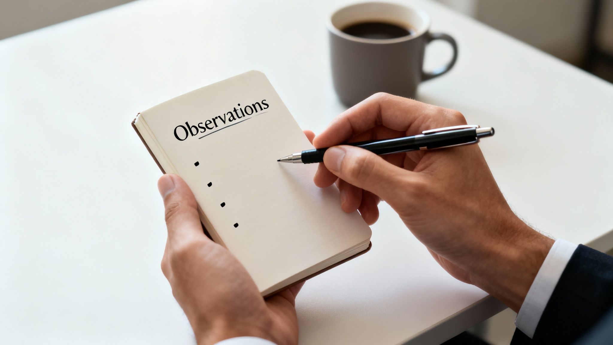 A person's hands holding a notebook titled 'Observations' and writing with a pen, next to a coffee cup.