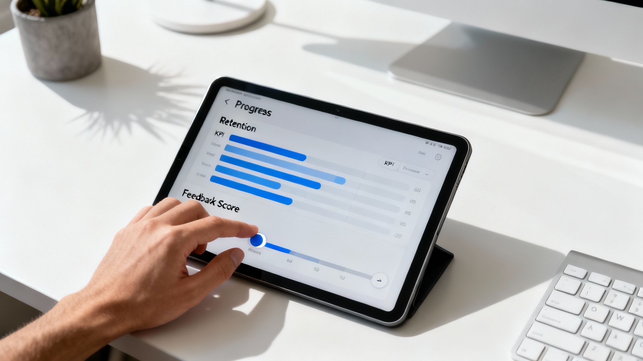 A person pointing to a chart on a whiteboard, tracking progress during a meeting.