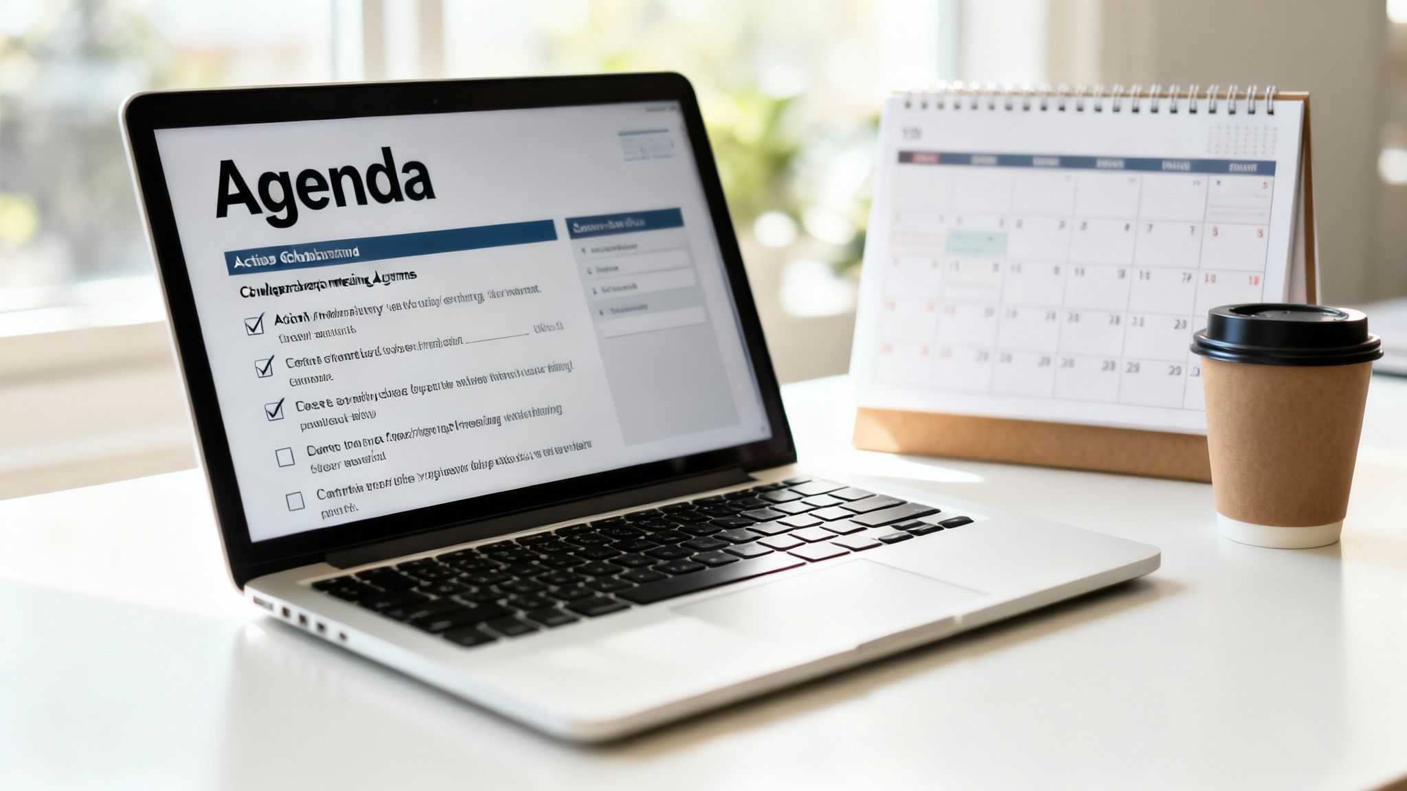 Laptop displaying a digital agenda with checkboxes, next to a desk calendar and a coffee cup.