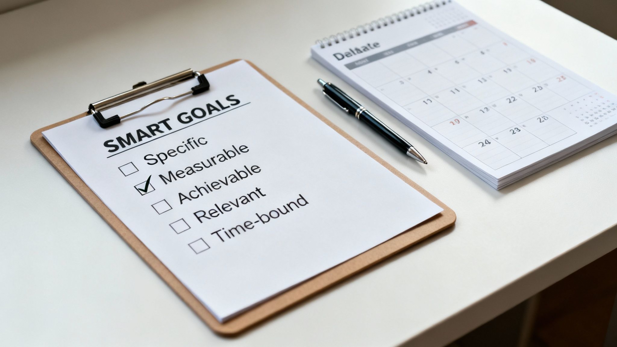 A SMART GOALS checklist with 'Measurable' checked, alongside a calendar and pen, for performance planning.