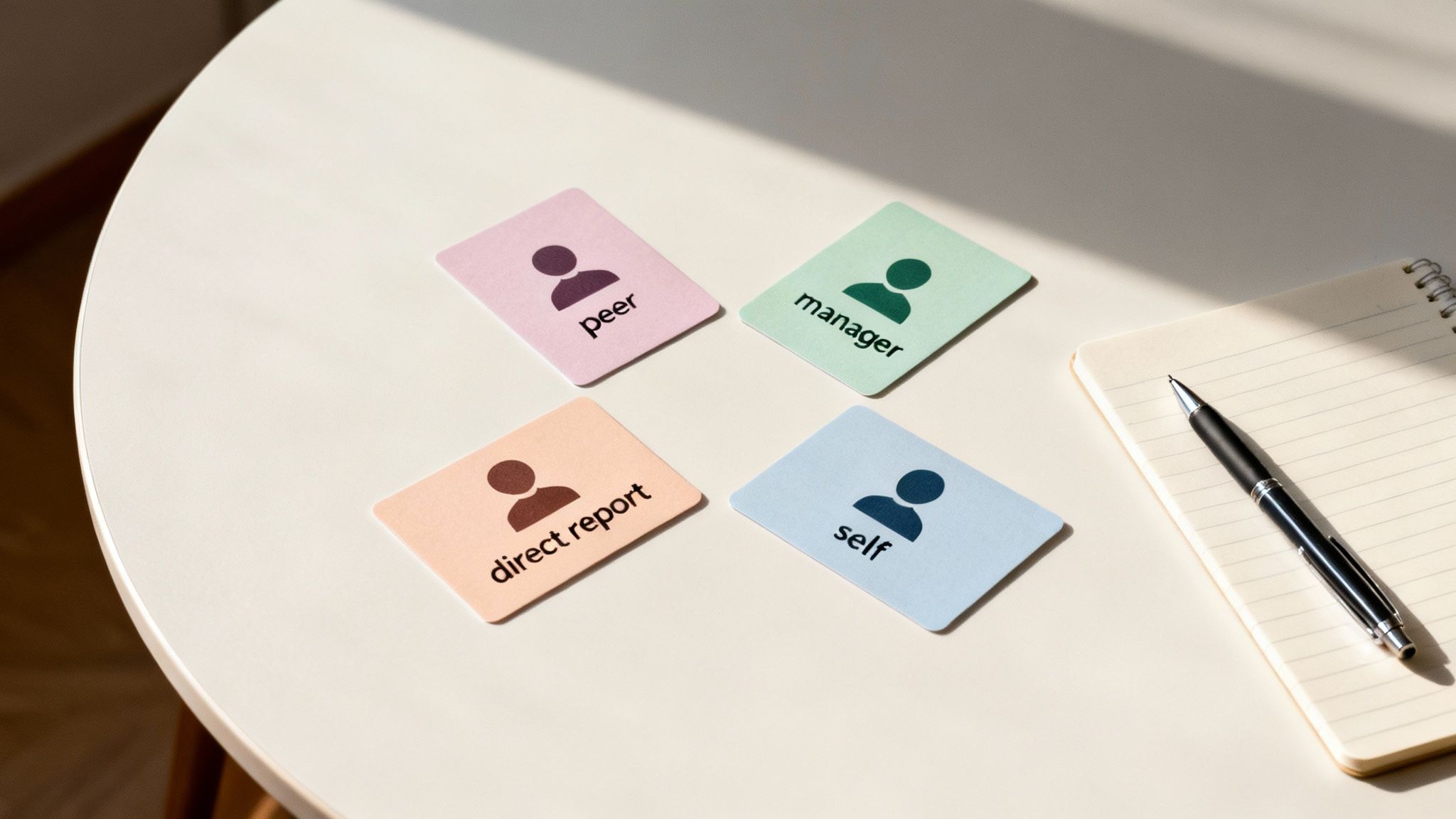 A group of colleagues collaborating at a table with laptops, representing the different perspectives in 360 review feedback.