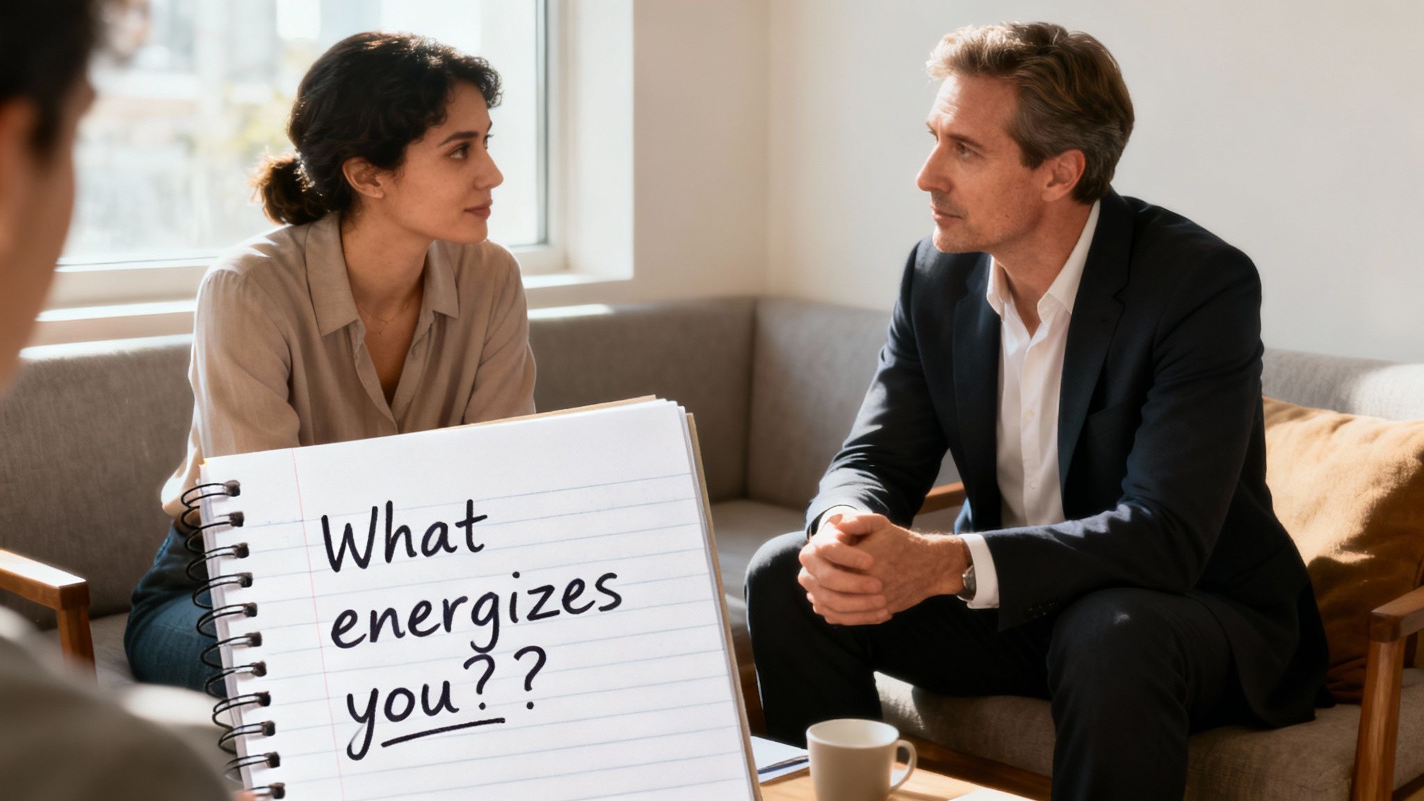 Two professionals in a one-on-one meeting, discussing what energizes them, with a notebook in the foreground.