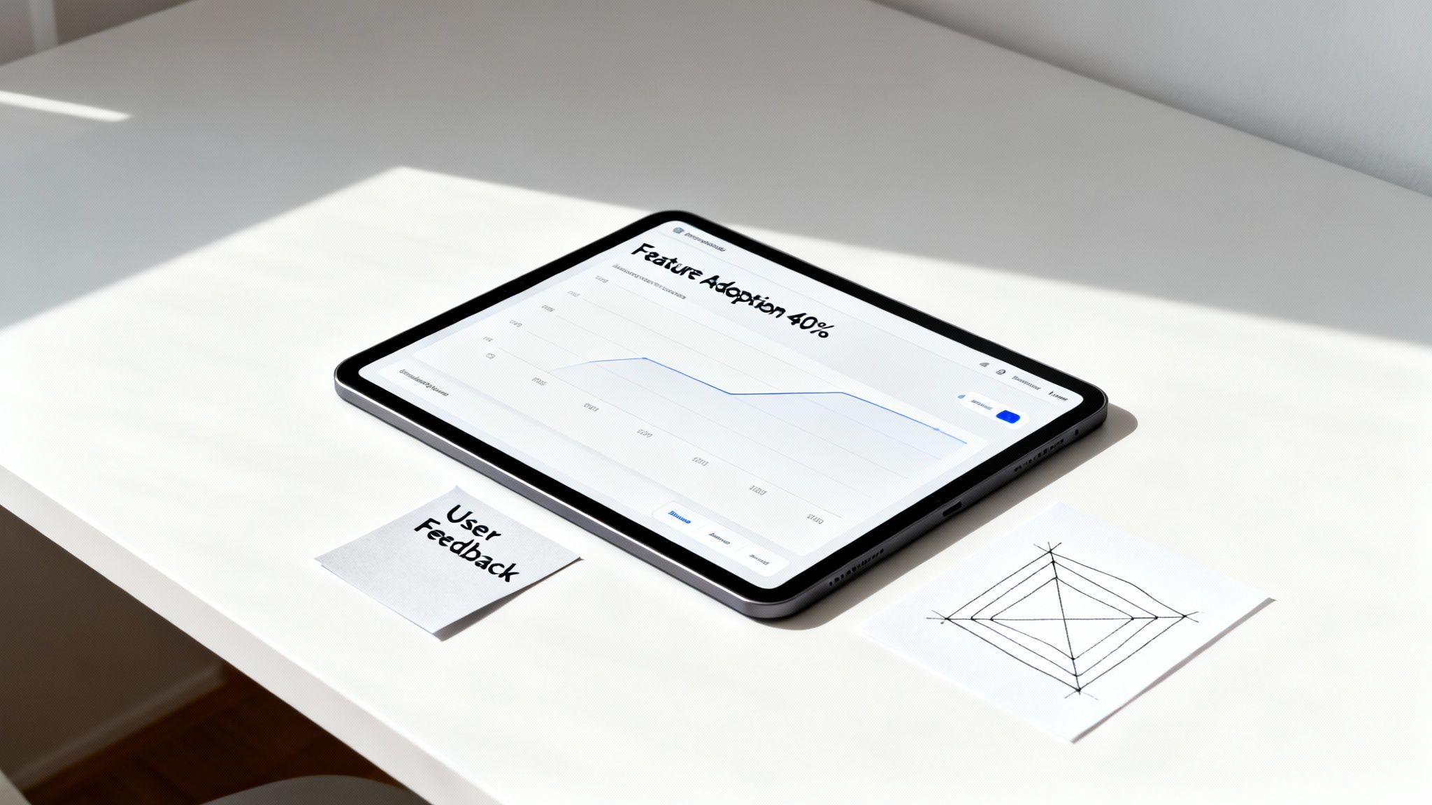 White desk with a tablet showing a 40% feature adoption chart, a "User Feedback" note, and a geometric drawing.