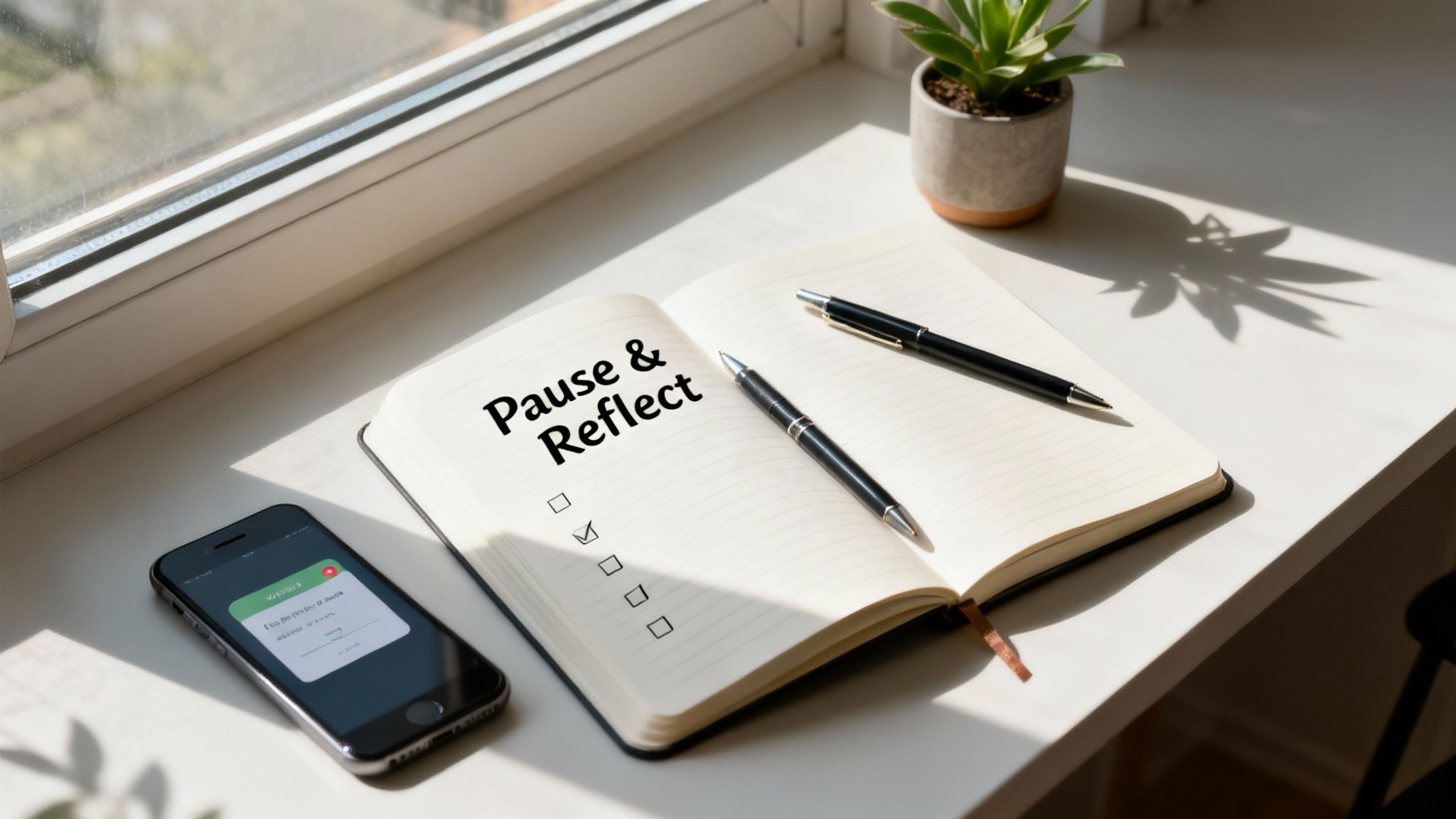 An open notebook with 'Pause & Reflect' text, pens, a smartphone, and a plant on a sunlit desk.