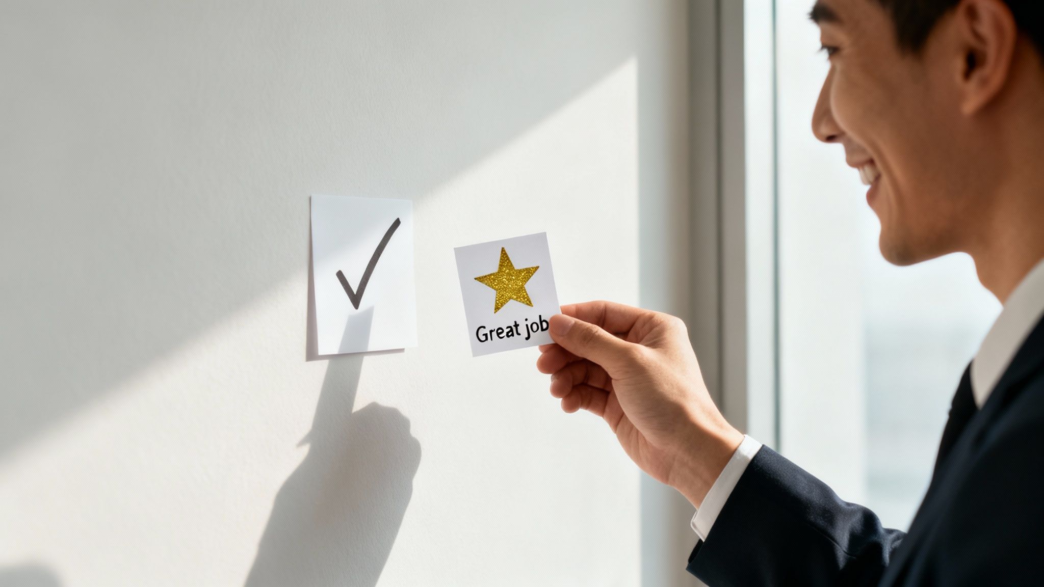 A smiling man holds a 'Great job' card with a gold star next to a checkmark on a white wall.