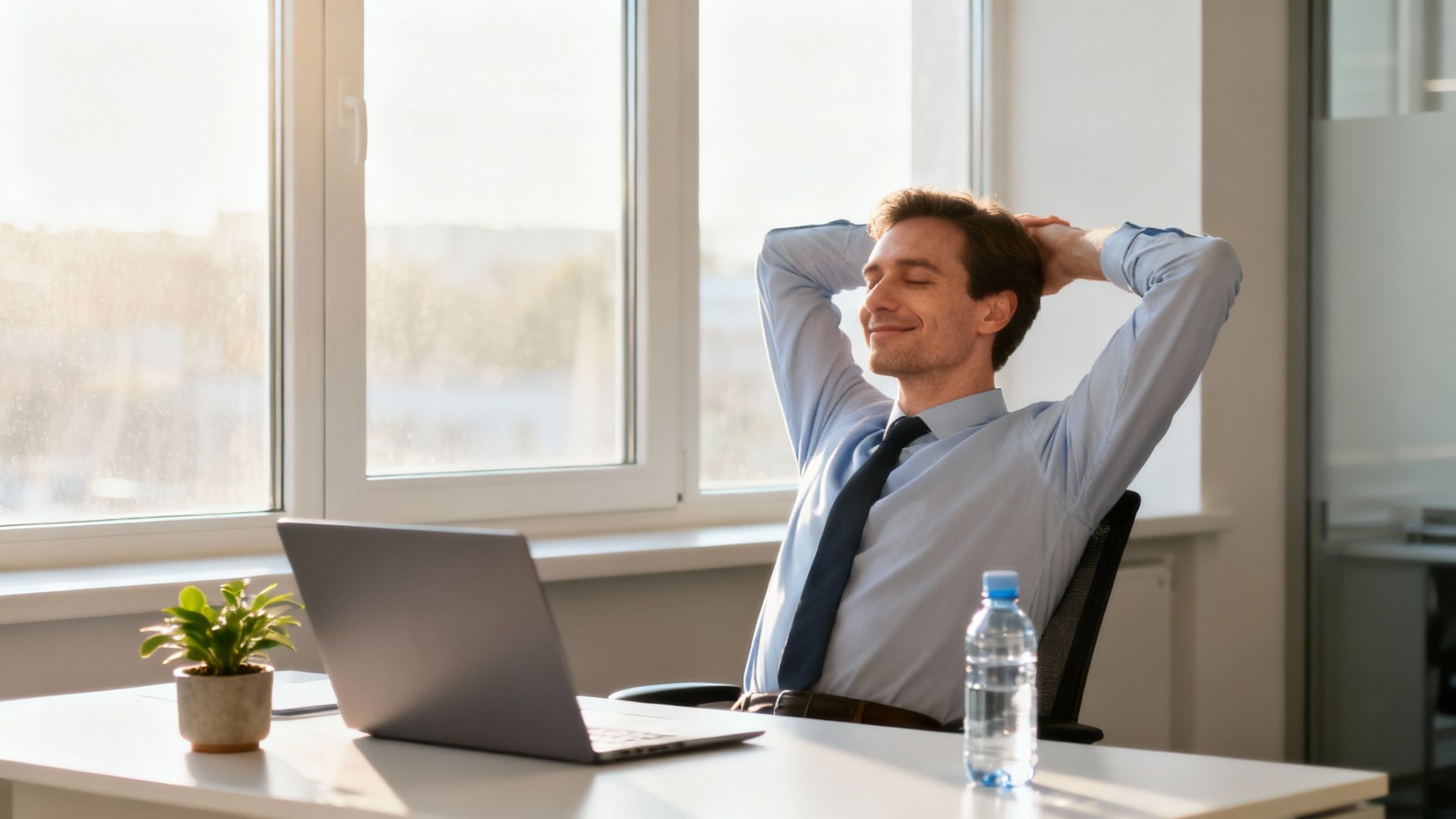 A person at a desk with a notebook and sticky notes, thoughtfully answering questions.