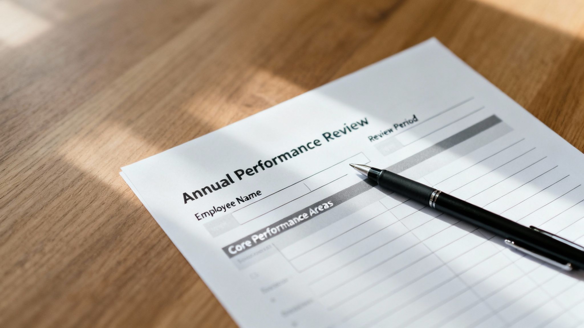 A close-up of an annual performance review form with a black pen resting on a wooden desk.