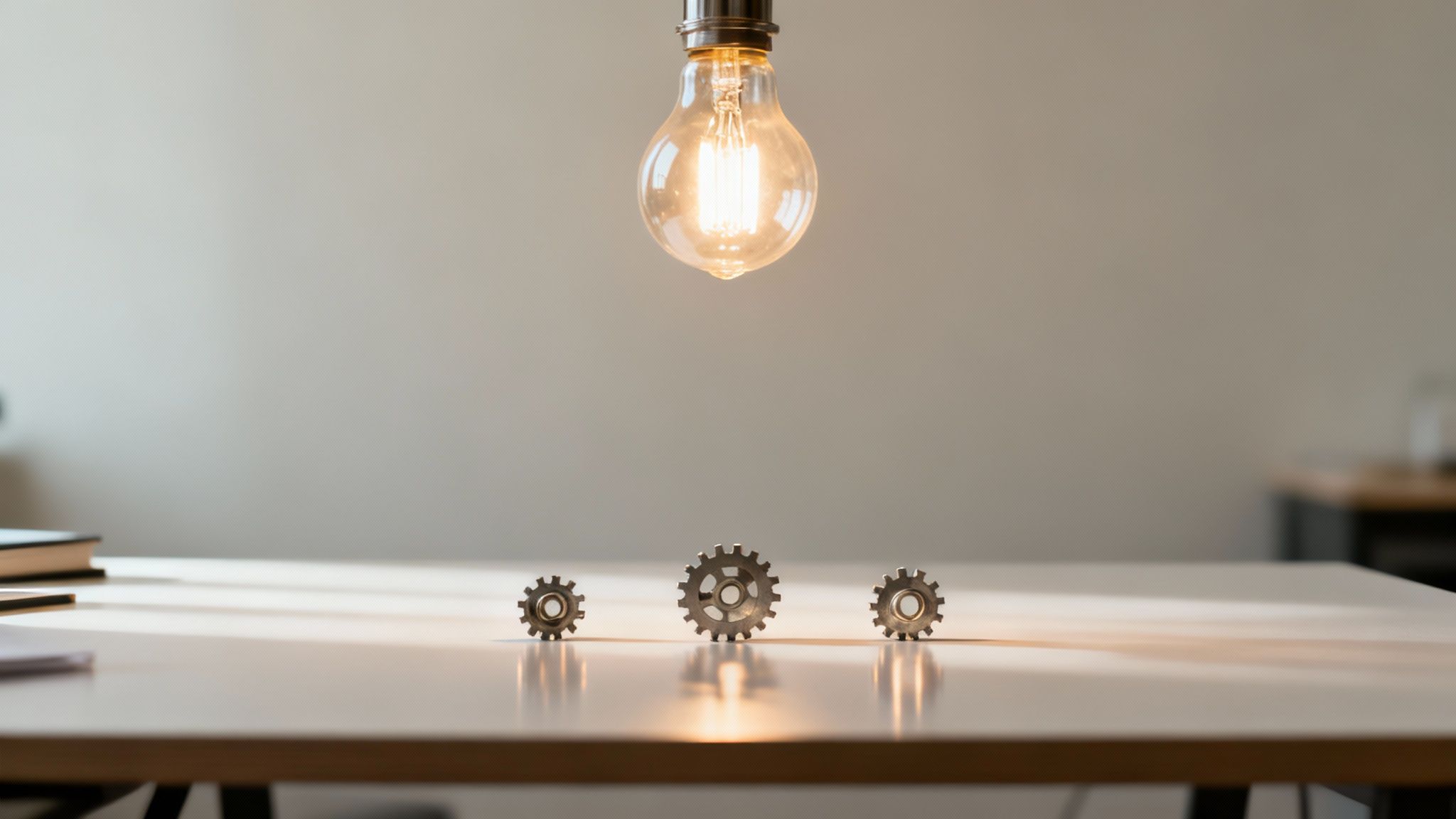 A bright light bulb illuminates three metal gears of different sizes arranged on a white table.