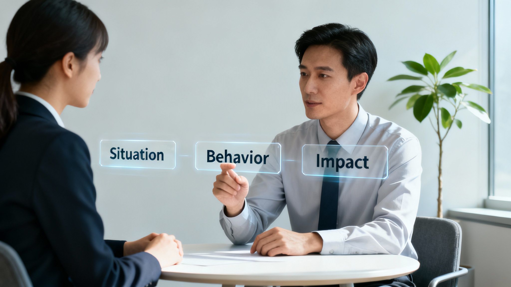 Two professionals discuss the Situation, Behavior, Impact feedback model in an office setting.