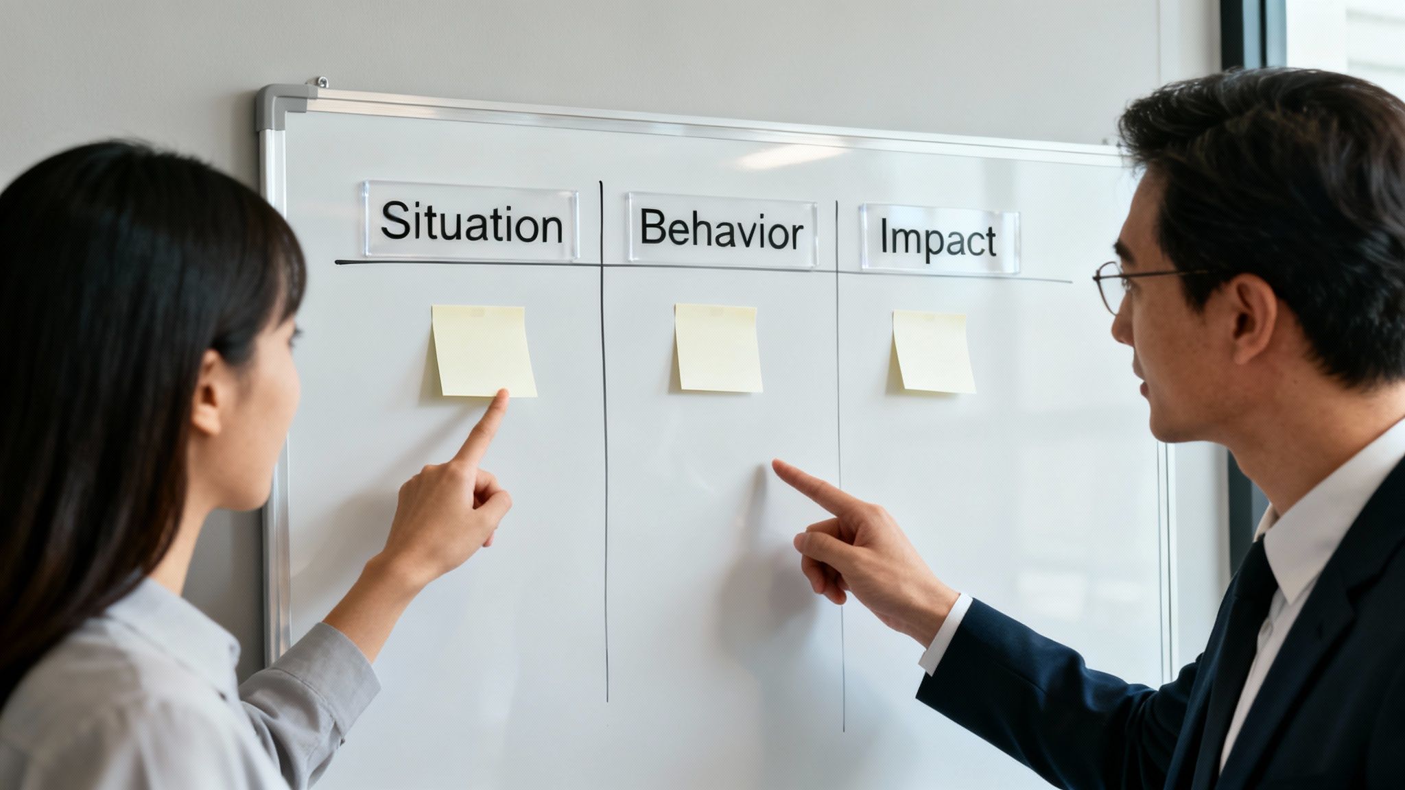Two colleagues discussing and pointing at sticky notes on a whiteboard with 'Situation, Behavior, Impact' labels.