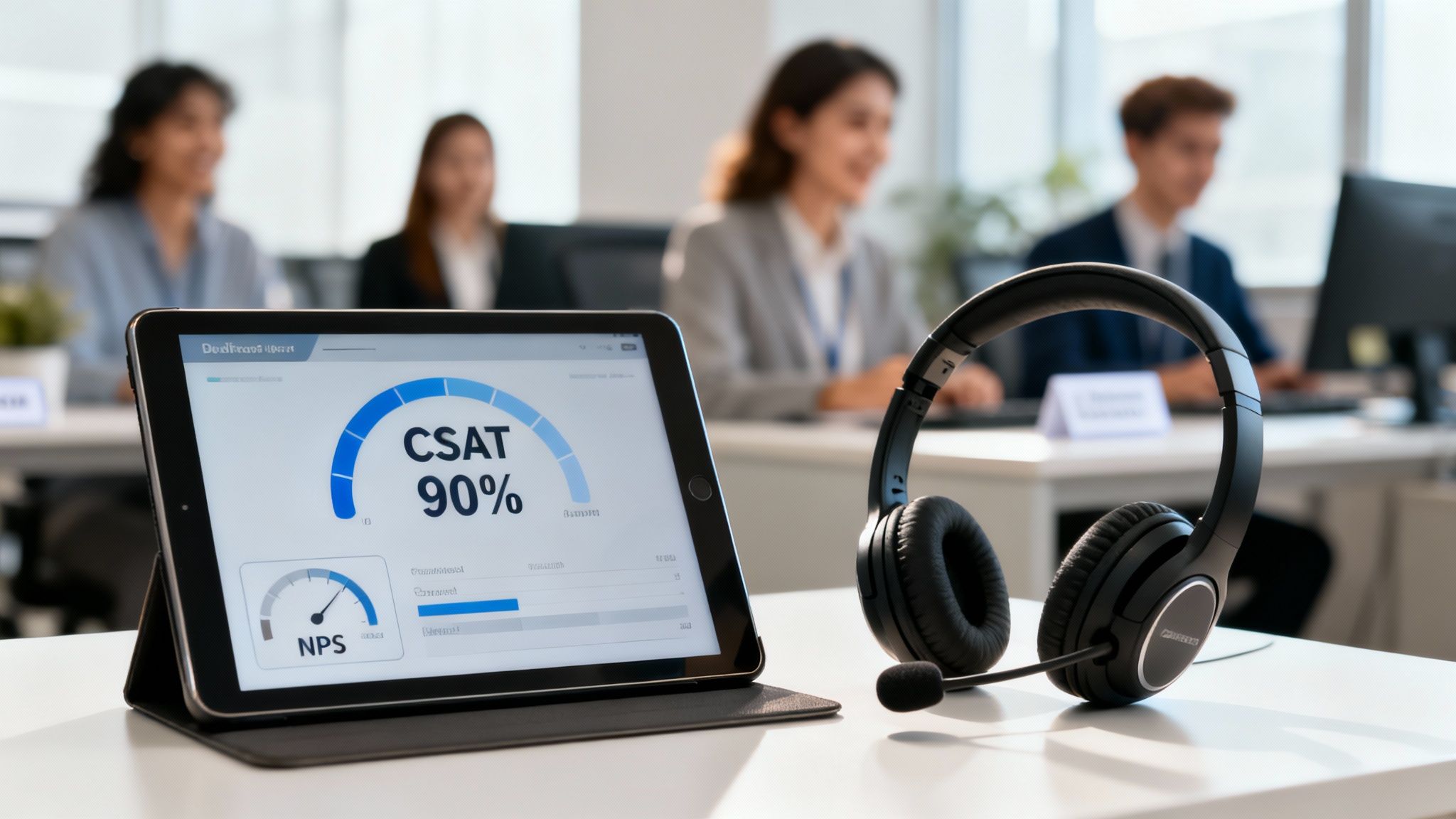 Digital tablet displaying CSAT 90% and NPS scores with a headset on an office desk.