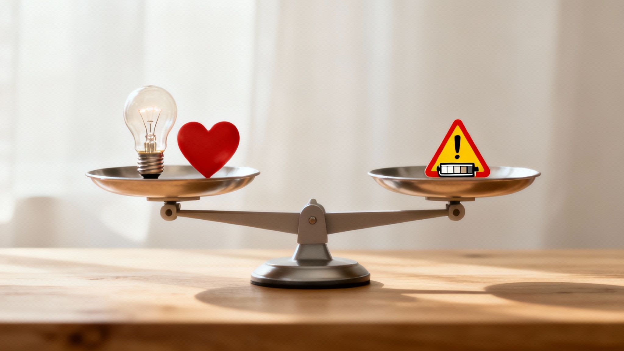 Balance scale weighing lightbulb and heart against warning sign with low battery icon