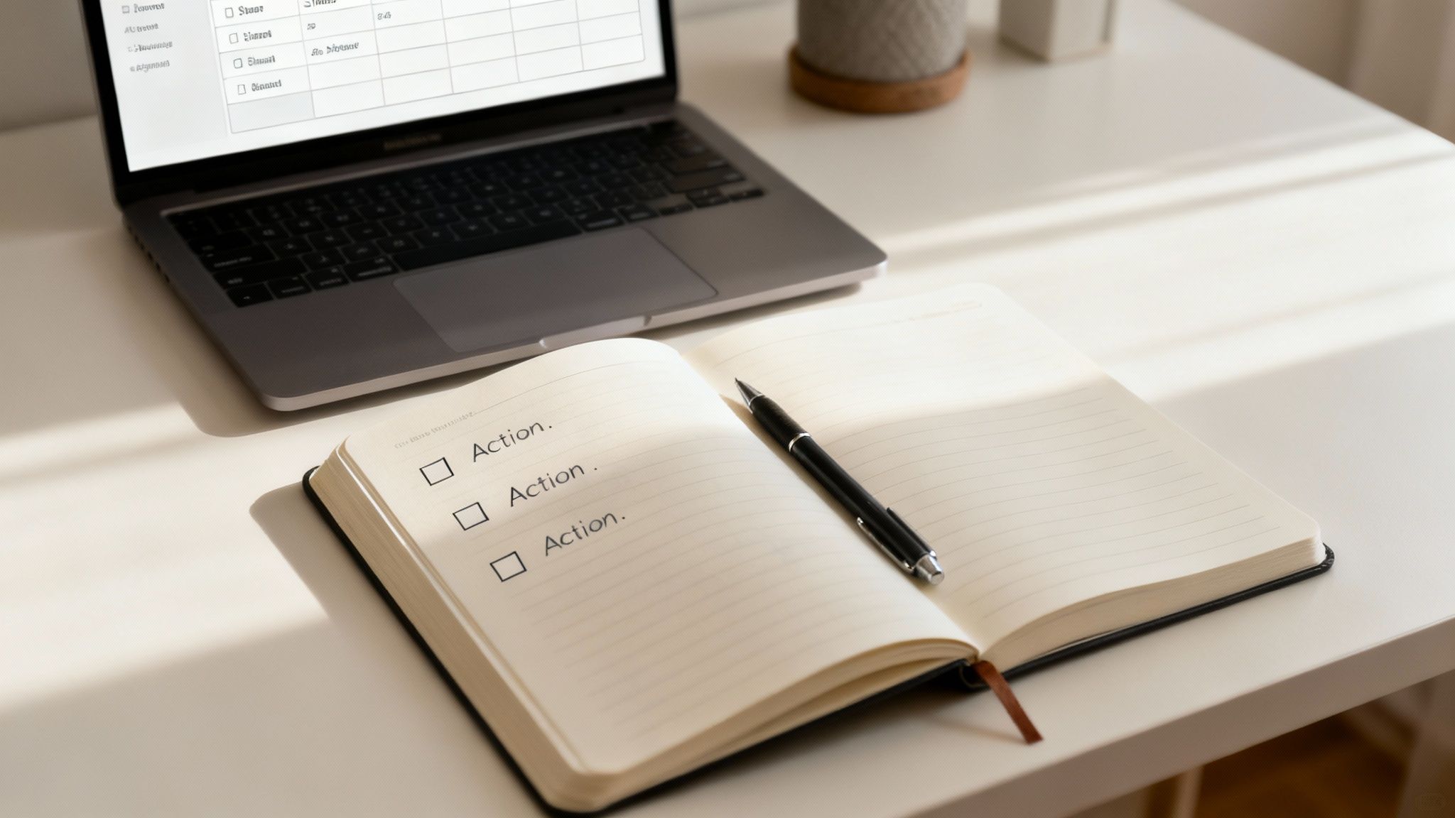 A person writing down action items in a notebook, with a laptop open next to them, symbolizing follow-through after a one on one meeting.