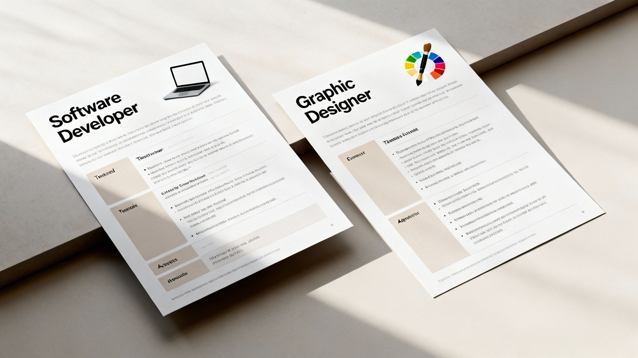 Two professional resume templates, one for Software Developer and one for Graphic Designer, displayed on a desk.