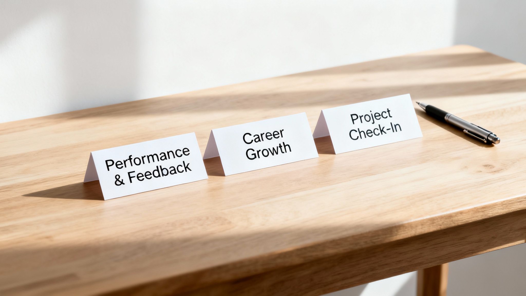Three tent cards on a wooden table outlining 'Performance & Feedback', 'Career Growth', and 'Project Check-In' topics, with a pen.
