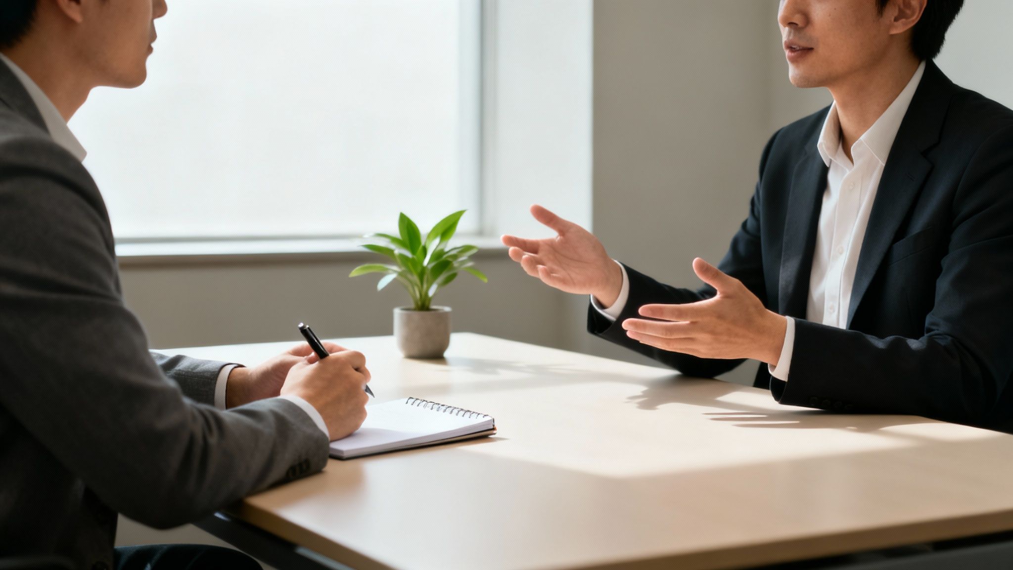 Two men in business suits discussing, one taking notes, the other gesturing, during a meeting.