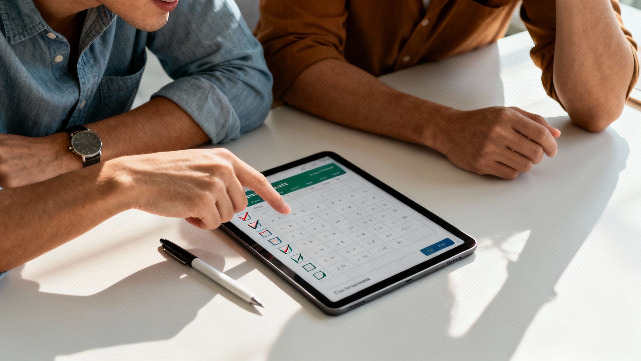 Two people collaboratively reviewing a digital checklist on a tablet, planning tasks together.
