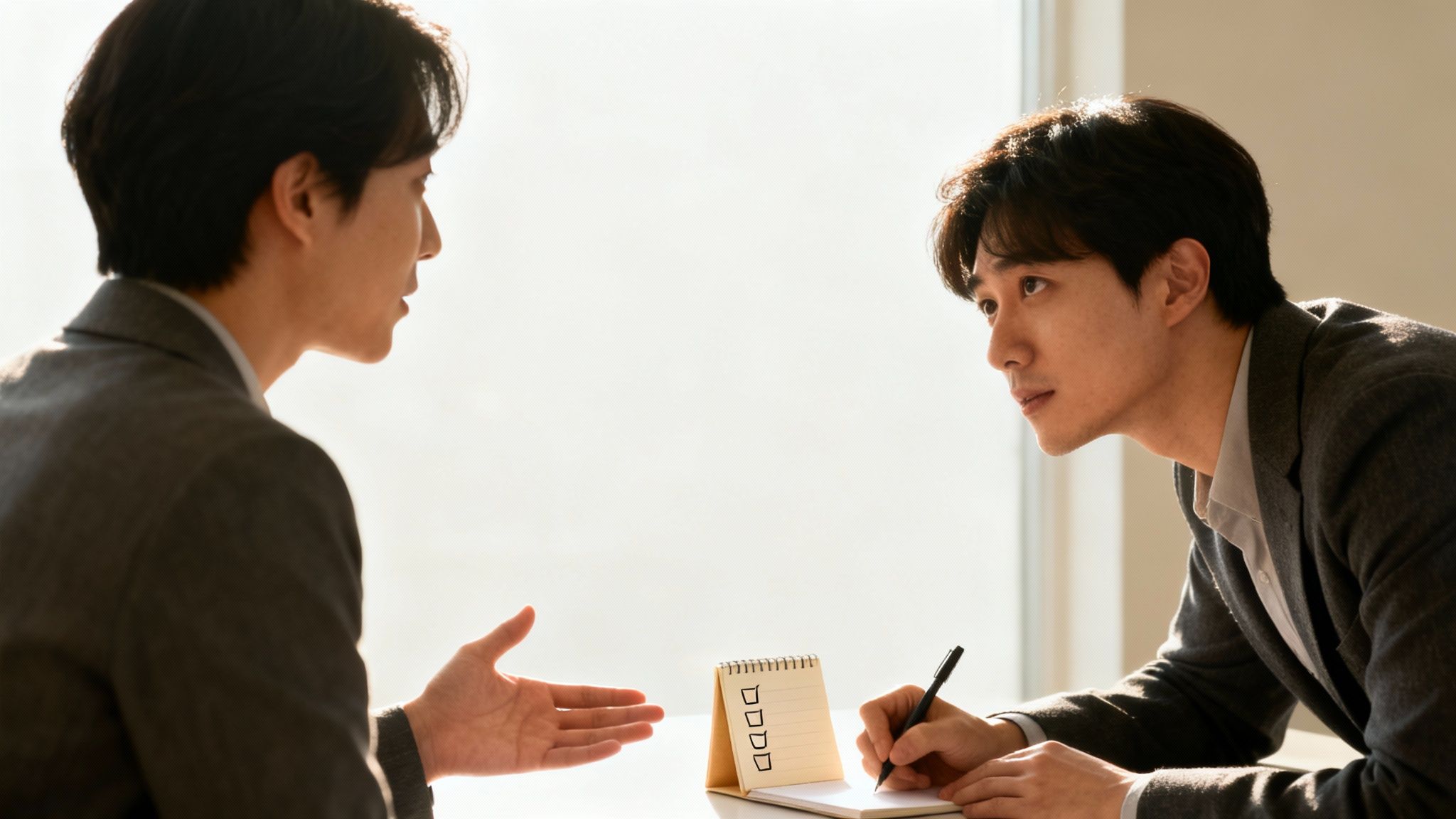 Two men in suits engaged in a professional discussion, one writing notes on a checklist.