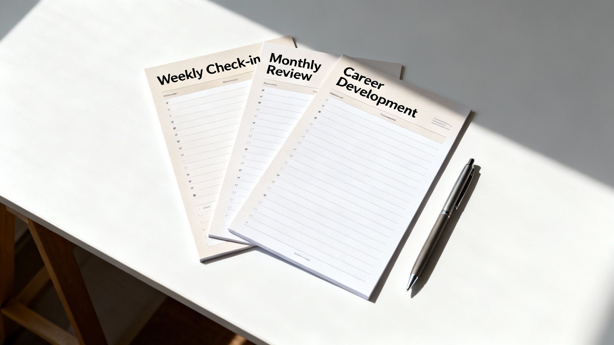 Three planning notebooks for weekly check-ins, monthly reviews, and career development, with a pen on a desk.