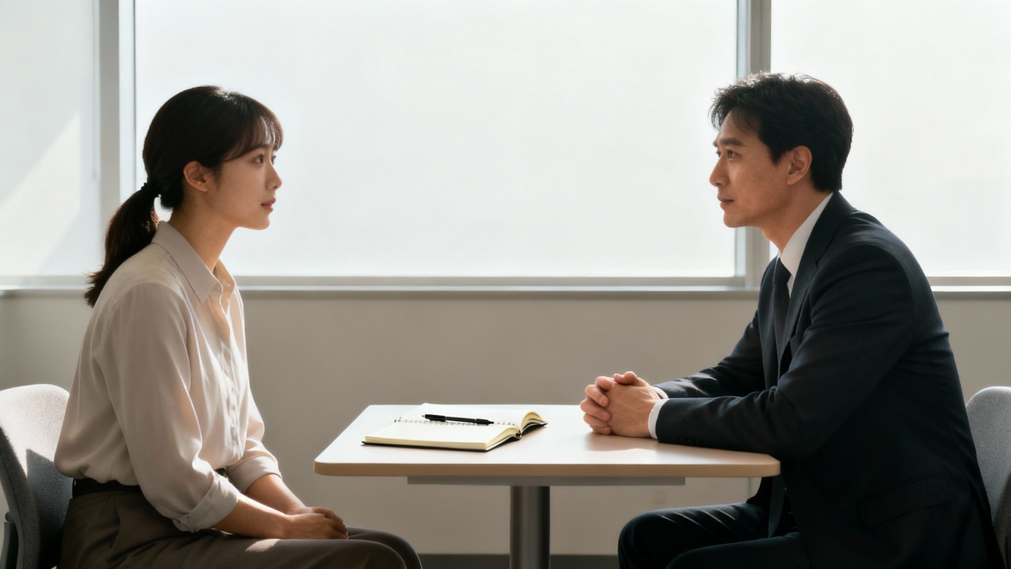 Manager conducting one-on-one performance review meeting with employee at office desk