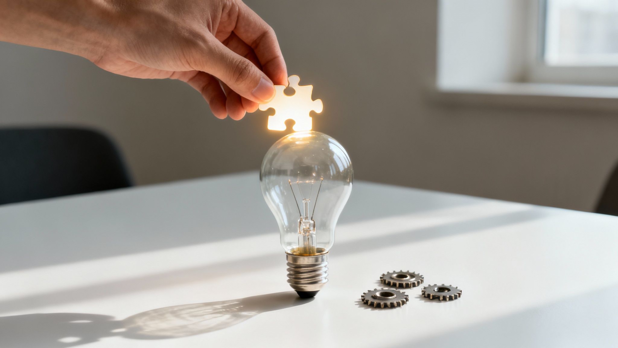 A hand places a glowing puzzle piece onto a light bulb, symbolizing an emerging idea or solution.
