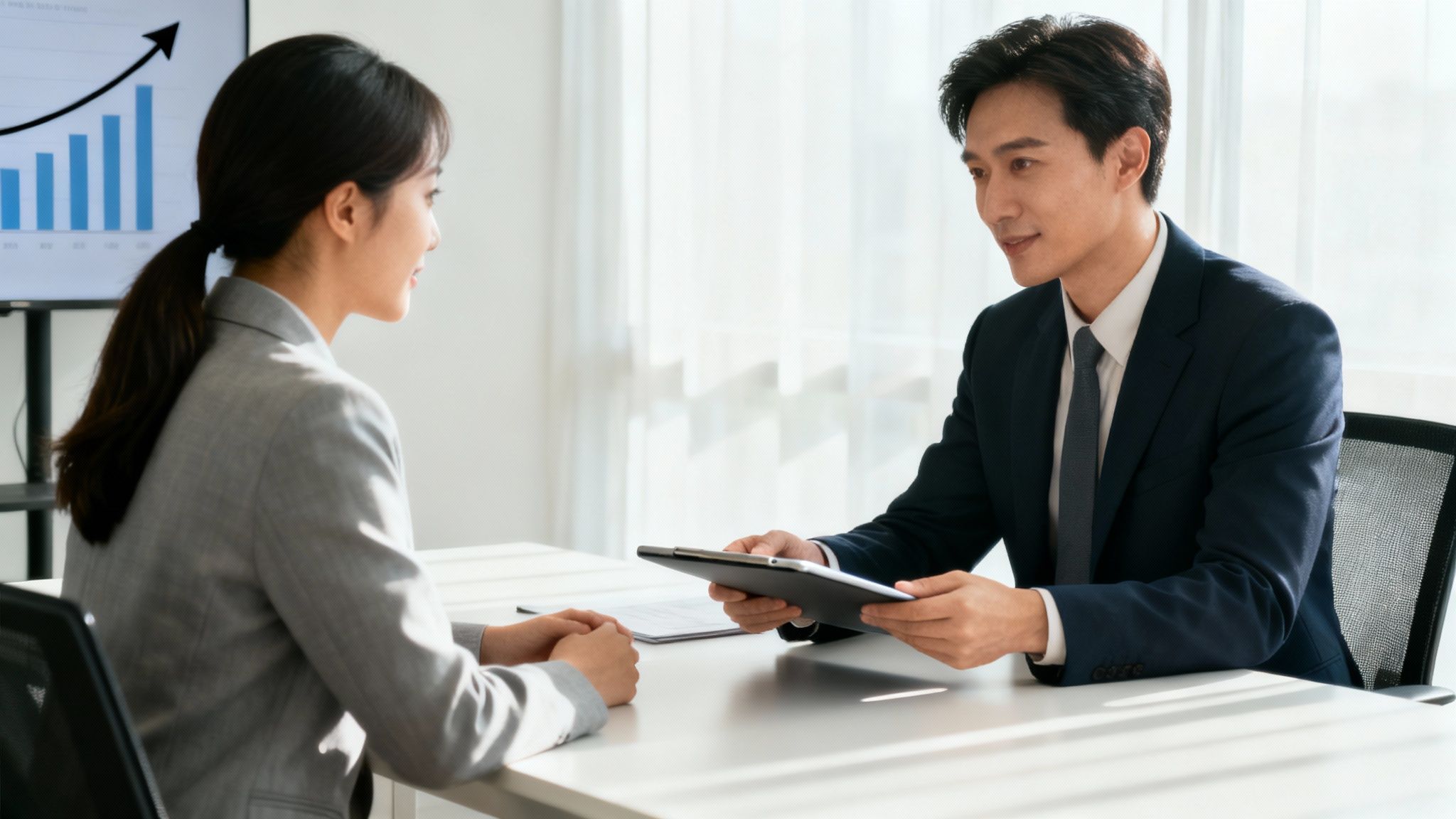 A manager and team member collaborating on a performance plan with sticky notes on a glass wall