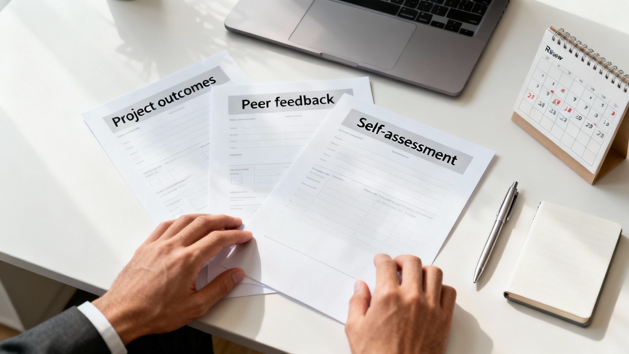 Professional reviewing project outcomes, peer feedback, and self-assessment documents on desk with laptop