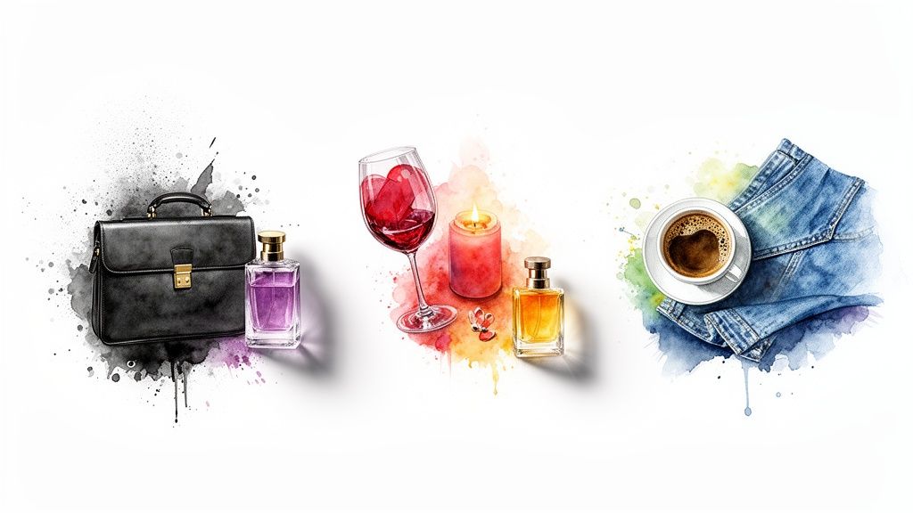 Drie aquarel illustraties tonen lifestyle items: zakelijke tas met parfum, romantische kaars met wijn, en koffie met spijkerjas.
