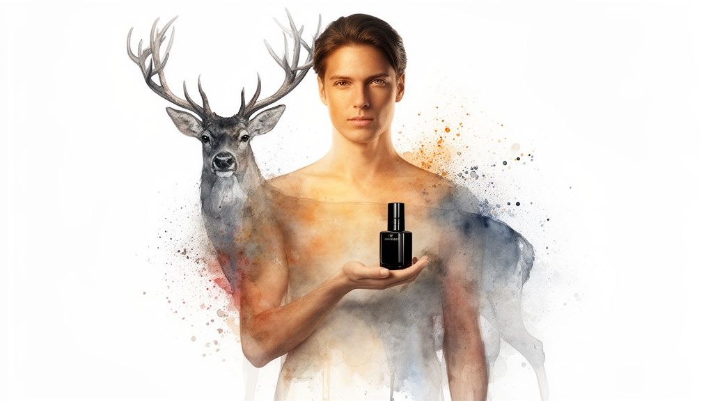 Mannelijk model toont parfumflesje, samengevoegd met aquarel hert, op witte achtergrond.