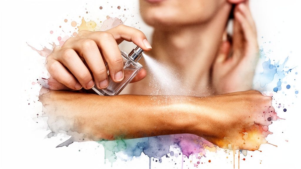 Vrouw spuit geurige parfum op haar arm, omringd door kleurrijke aquarel effecten.
