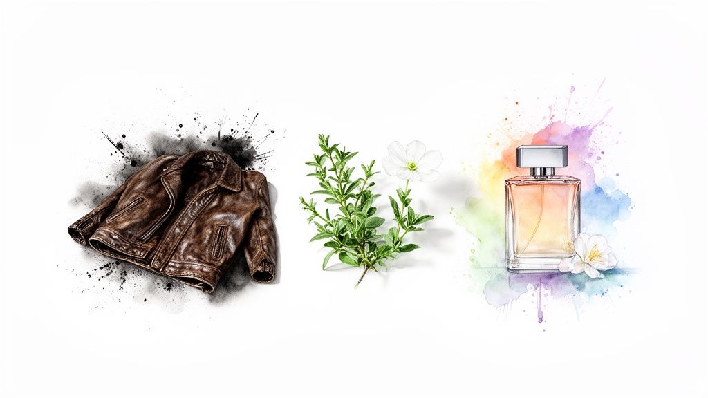 Illustratie van een bruine leren jas, groene kruiden met een witte bloem, en een parfumflesje met bloem en aquarel.