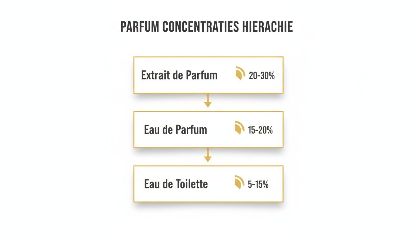 Hiërarchie van parfumconcentraties met Extrait de Parfum (20-30%), Eau de Parfum (15-20%) en Eau de Toilette (5-15%).