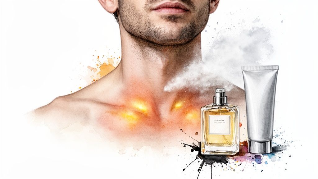 Man met parfumflesje dat spuit op nek, naast een tube crème, met artistieke accenten.