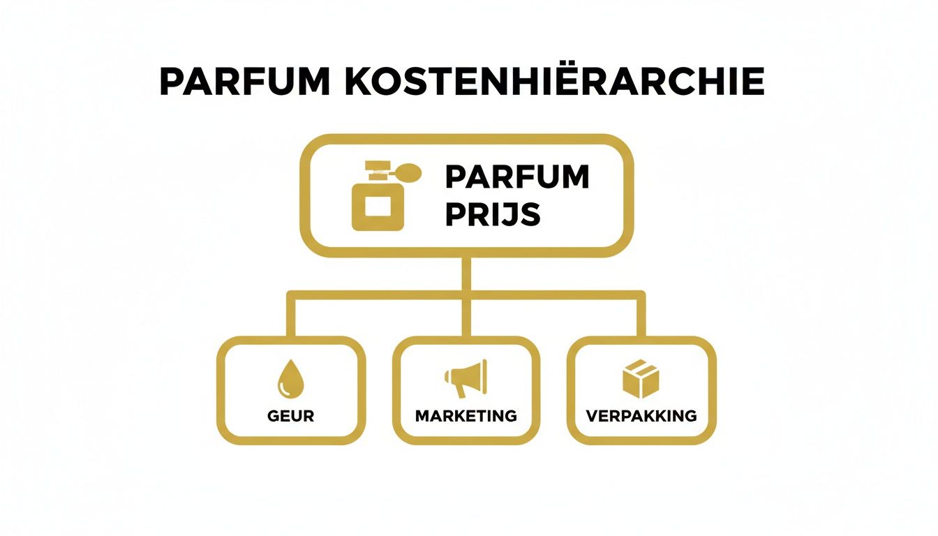 Overzicht van parfumkosten, met de prijs bovenaan, onderverdeeld in geur, marketing en verpakking.