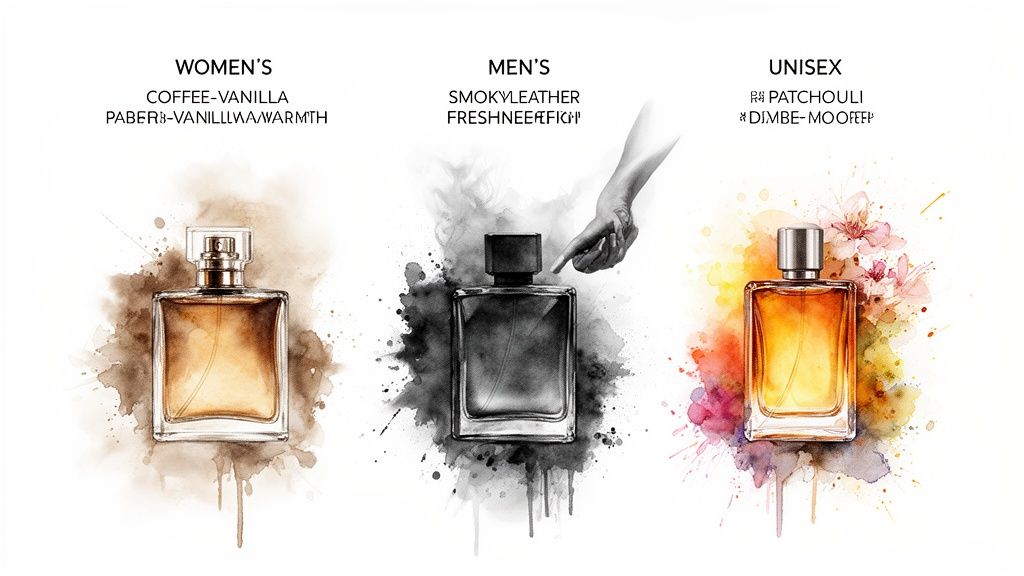 Drie parfumflesjes in verschillende stijlen en geuren voor dames, heren en uniseks, met artistieke achtergronden.