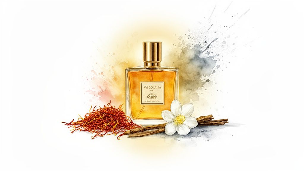 Parfumfles met saffraan, witte bloem en kaneelstokjes op een kleurrijke achtergrond.