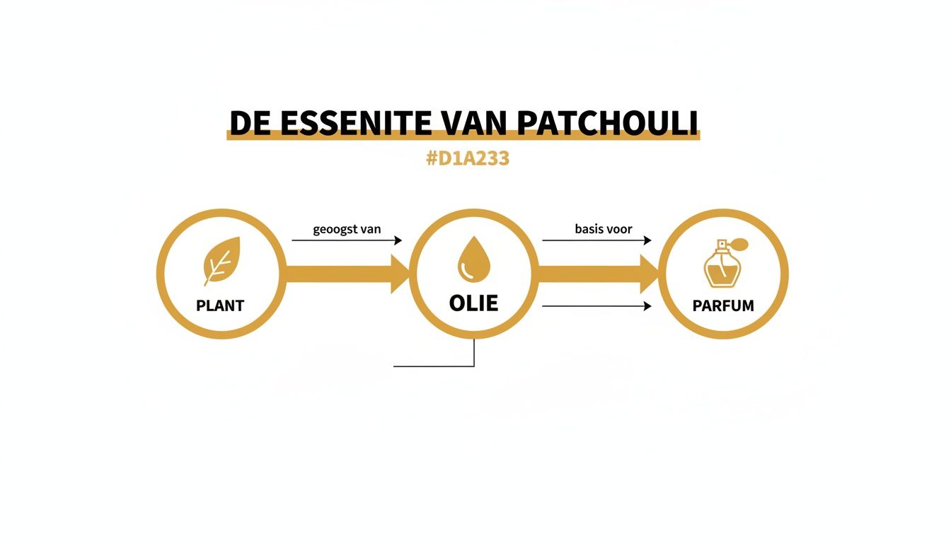 Illustratie van de essentie van patchouli: van plant geoogst tot olie, en vervolgens als basis voor parfum.