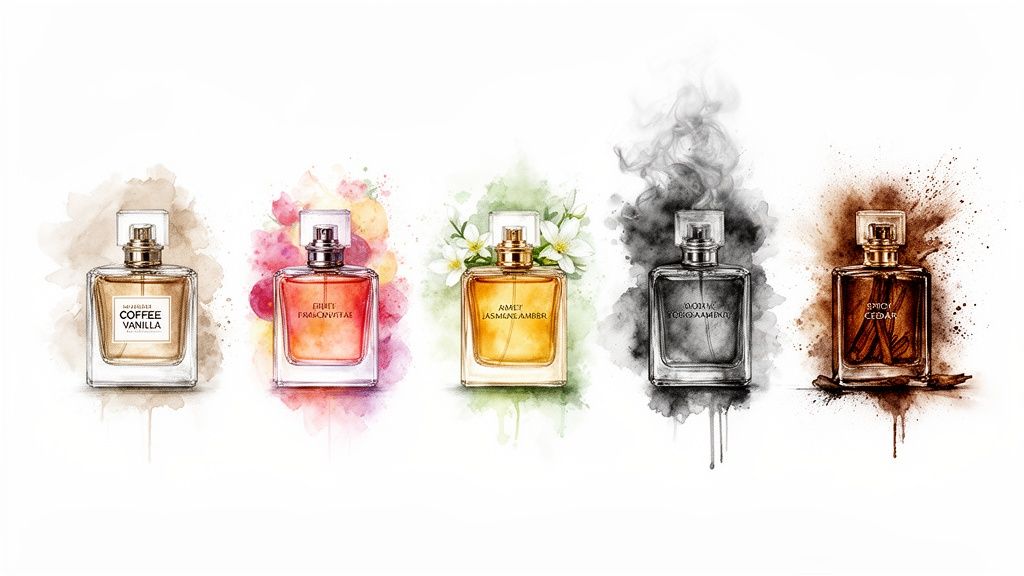 Vijf parfumflesjes met diverse geuren en kleuren, geschikt voor dames in de winter.