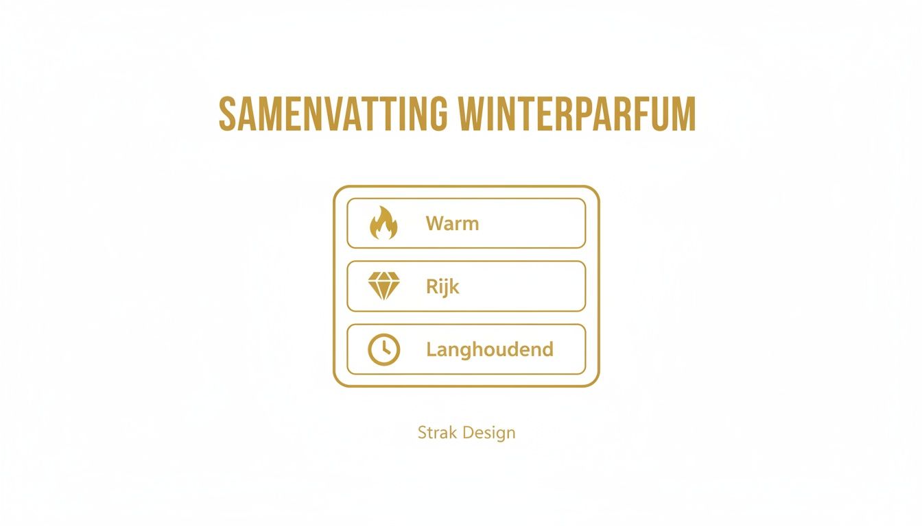 Samenvatting van winterparfum kenmerken: warm, rijk en langhoudend, gepresenteerd door Strak Design.