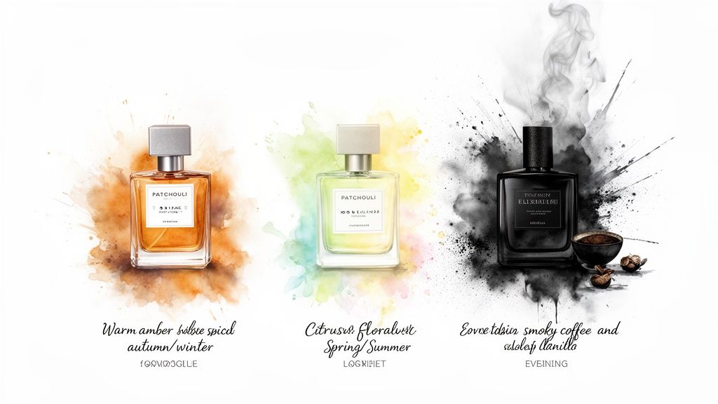 Drie parfumflessen met verschillende geuren: warme amber, citrus bloemig en rokerige koffie met vanille voor verschillende seizoenen.