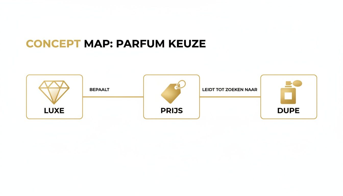 Conceptkaart over parfumkeuze, illustreert hoe luxe de prijs bepaalt en dit leidt tot zoeken naar dupes.